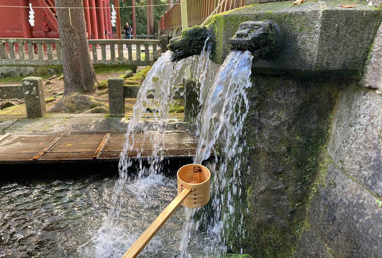 柄杓で水を頂く様子