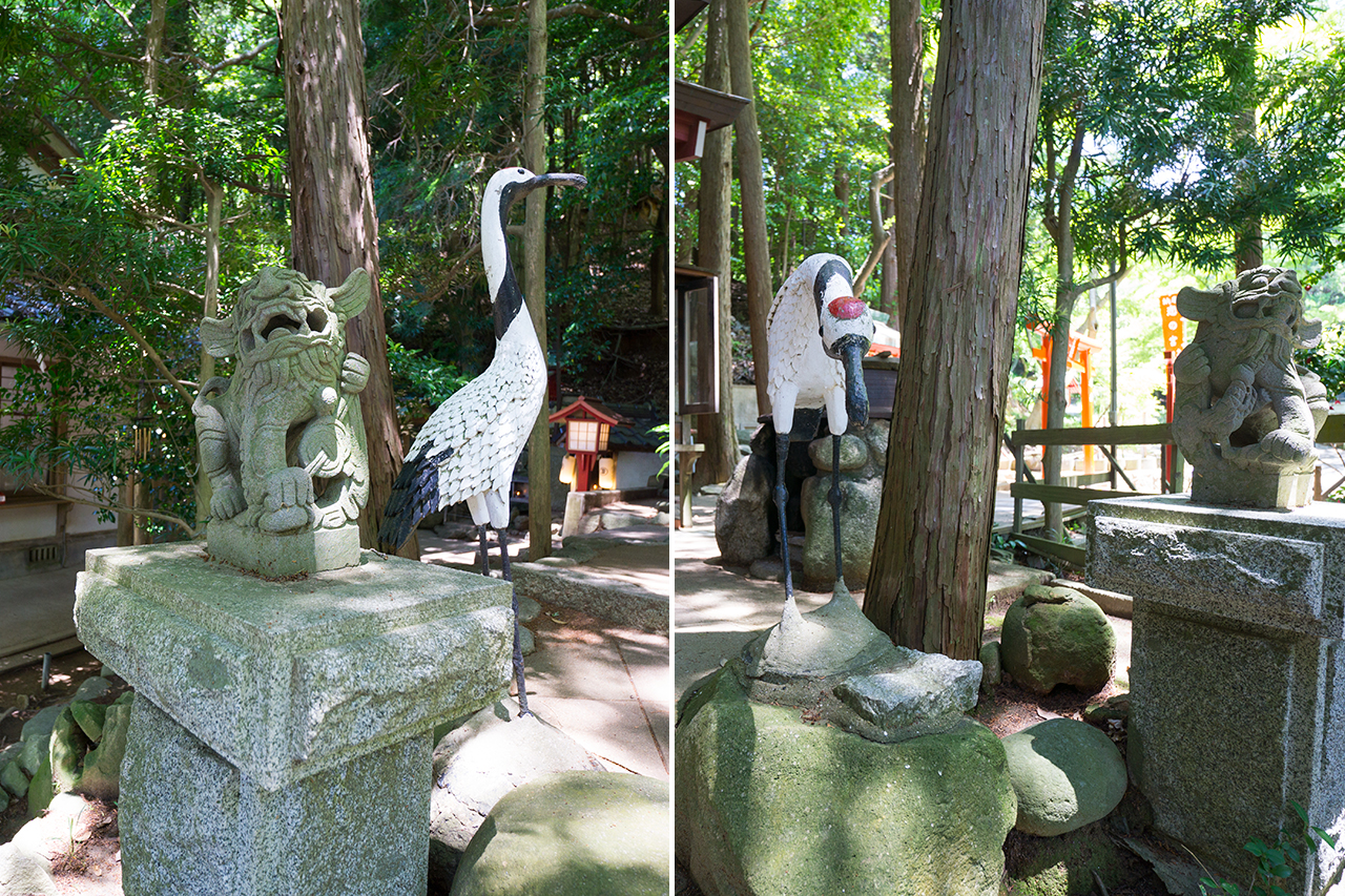 三宝荒神の狛犬と鶴