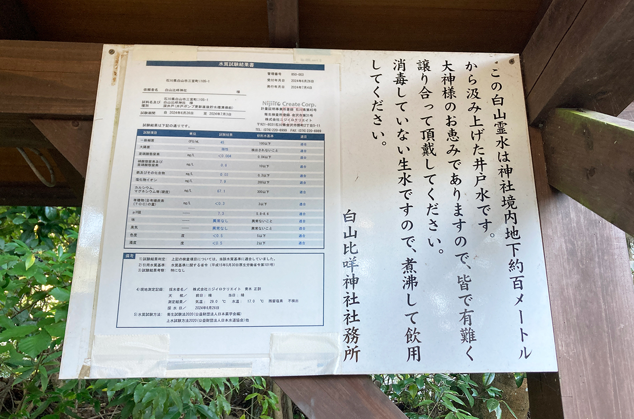 白山比咩神社 白山霊水 水質検査結果