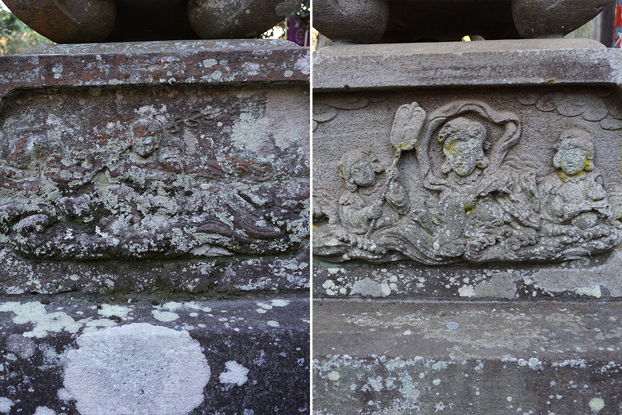 石灯篭に彫られた浦島太郎と乙姫