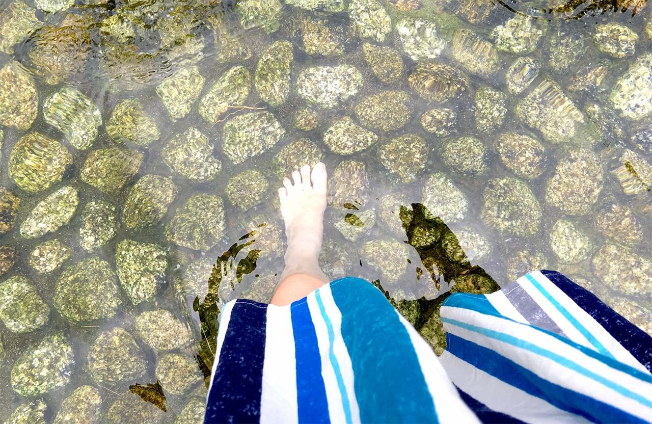 御手洗池に足をつけている様子