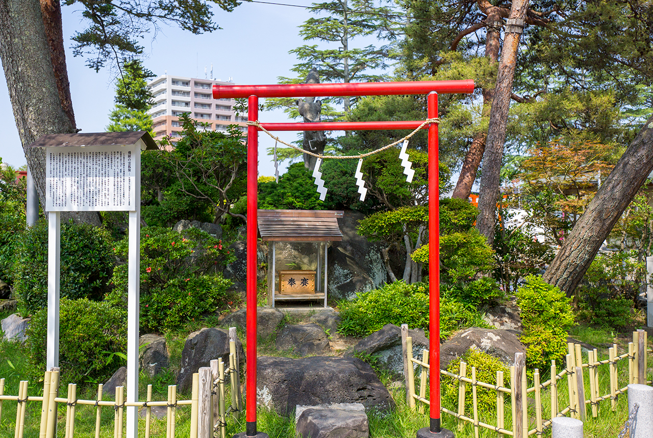 竹駒神社 飛躍の霊狐像 前の鳥居とお賽銭箱