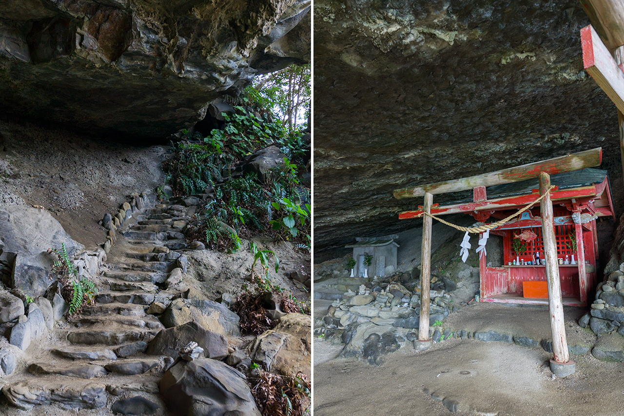 洞窟へ降りる石段と洞窟内の波切神社