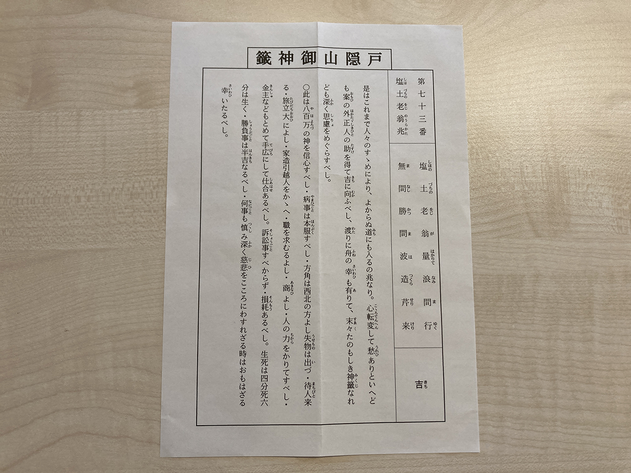 祈祷御神籤の結果