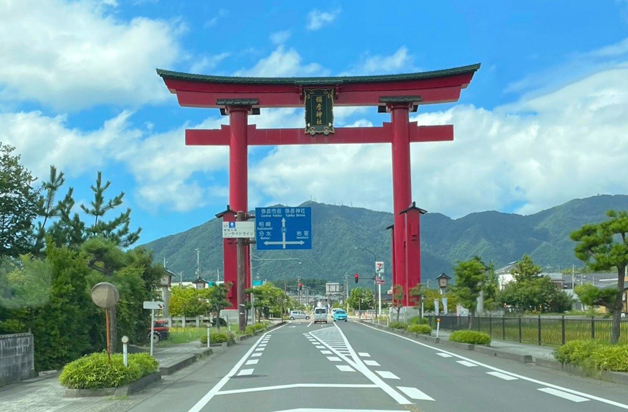 弥彦神社 県道上の大鳥居