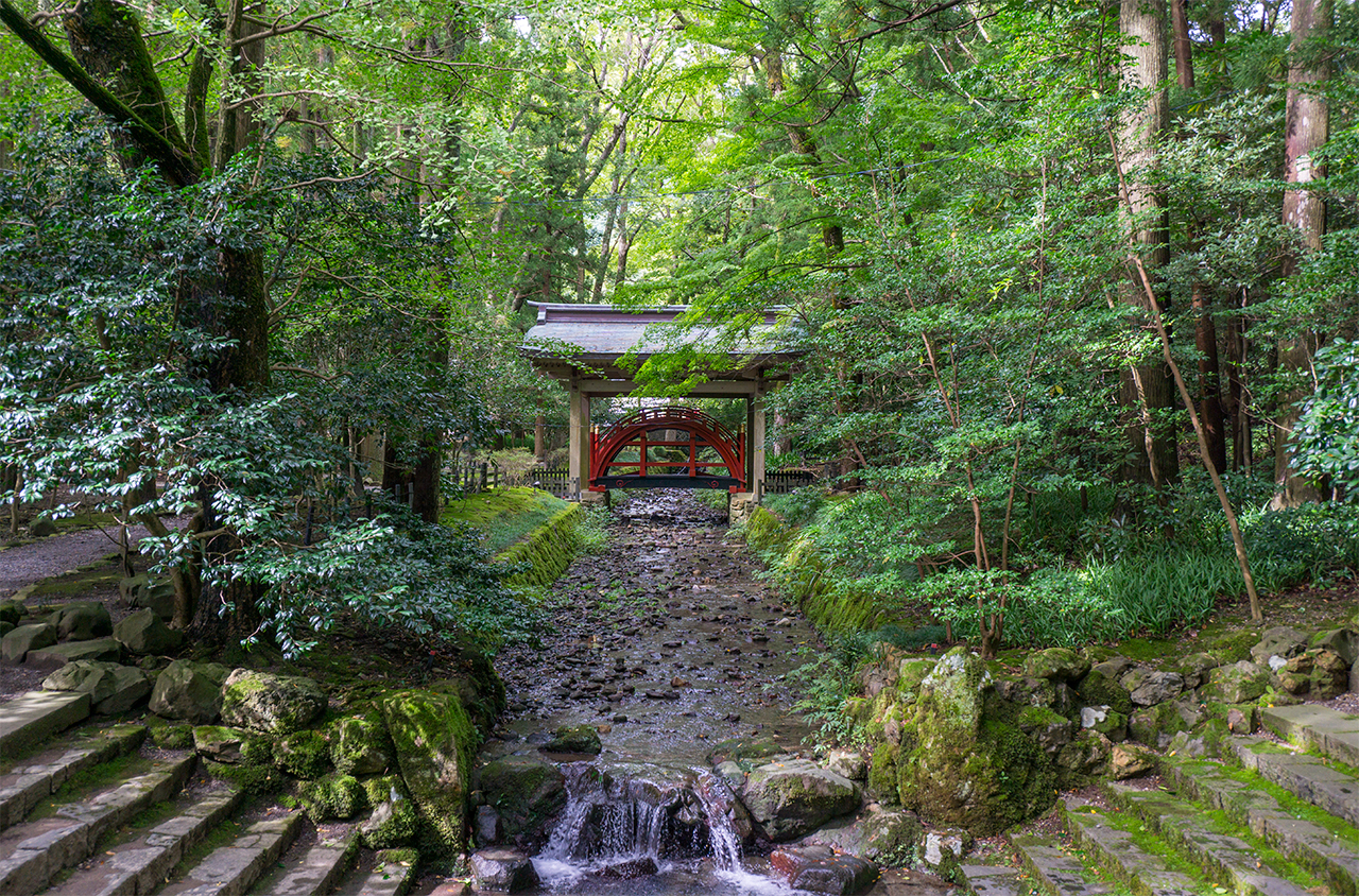 弥彦神社 石橋から見える玉の橋