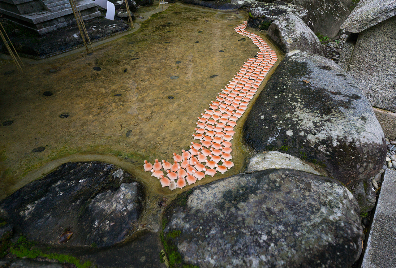 御礼池に奉納された御礼亀
