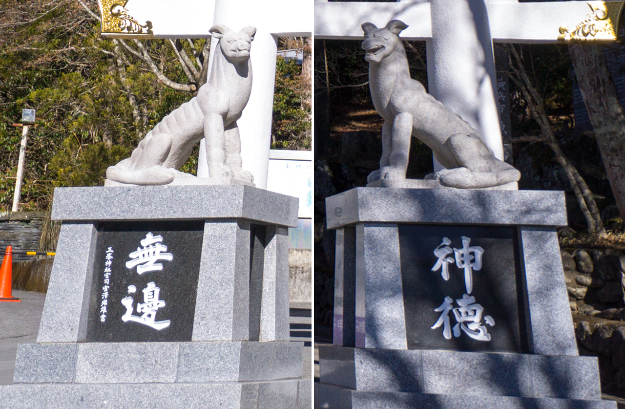 鳥居両脇のオオカミ像