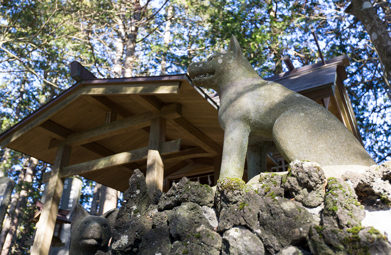 オオカミ像と御仮屋神社社殿