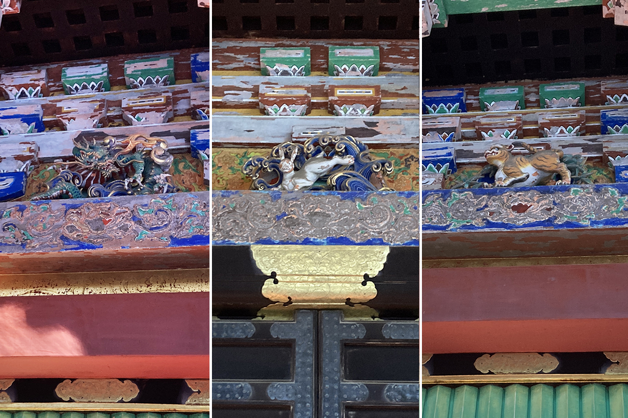 五重塔の虎、兎、龍の彫刻