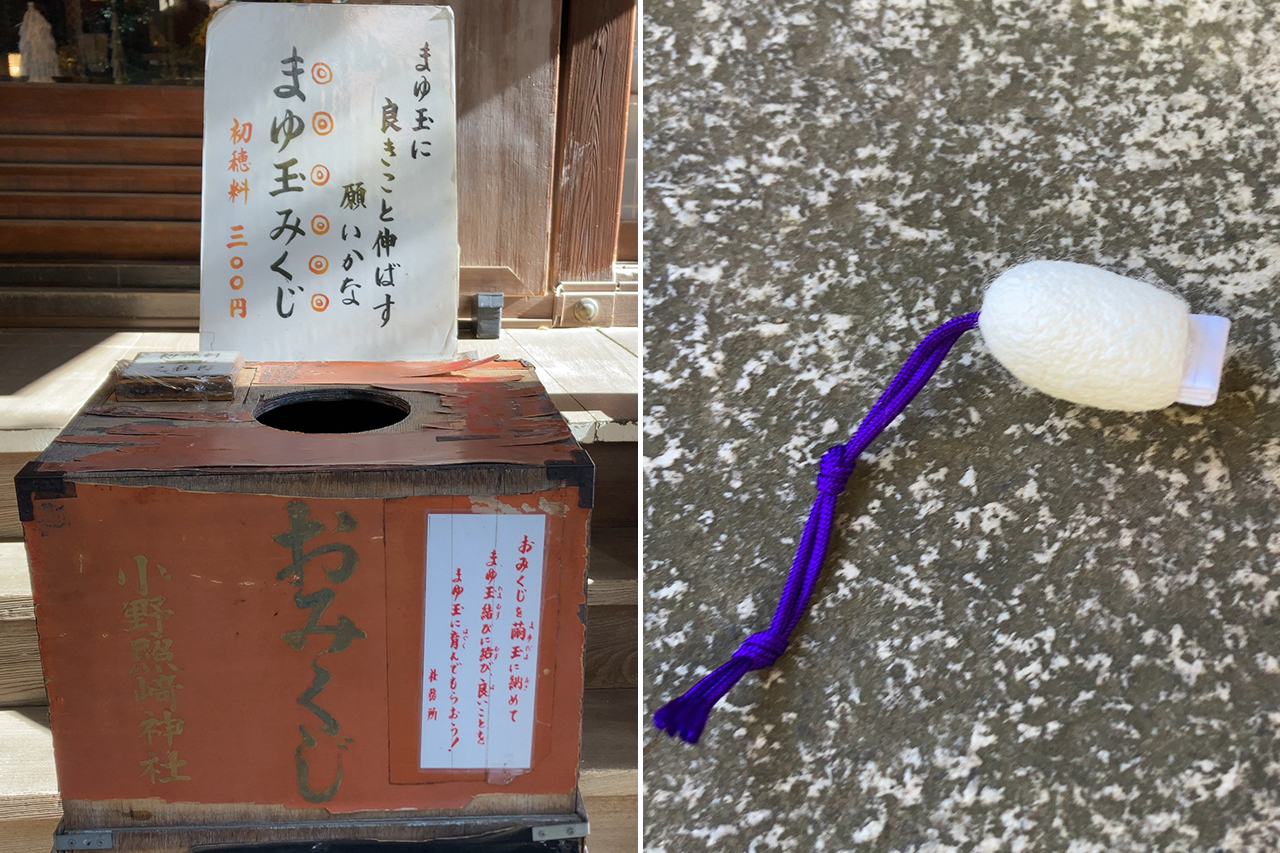まゆ玉みくじ箱と実際のまゆ玉みくじ