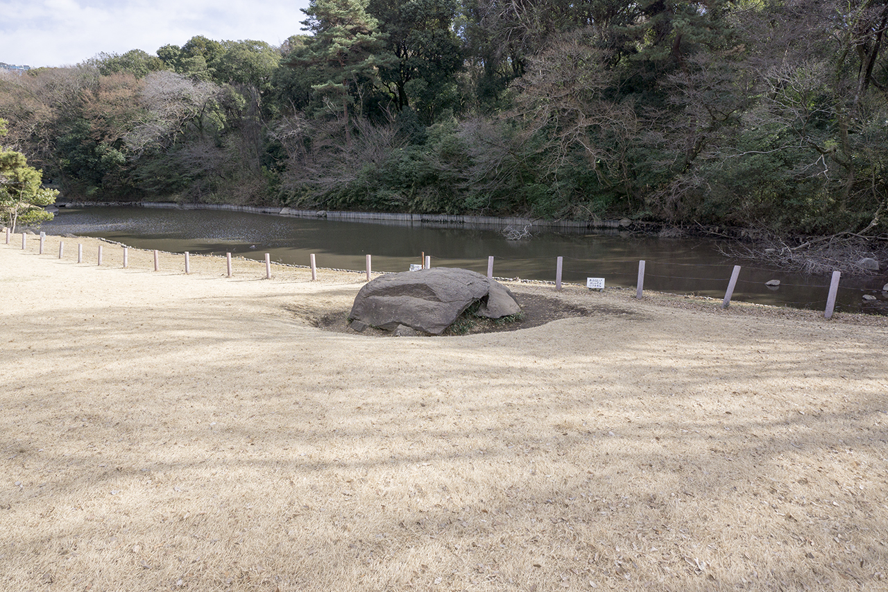 芝生の中の亀石