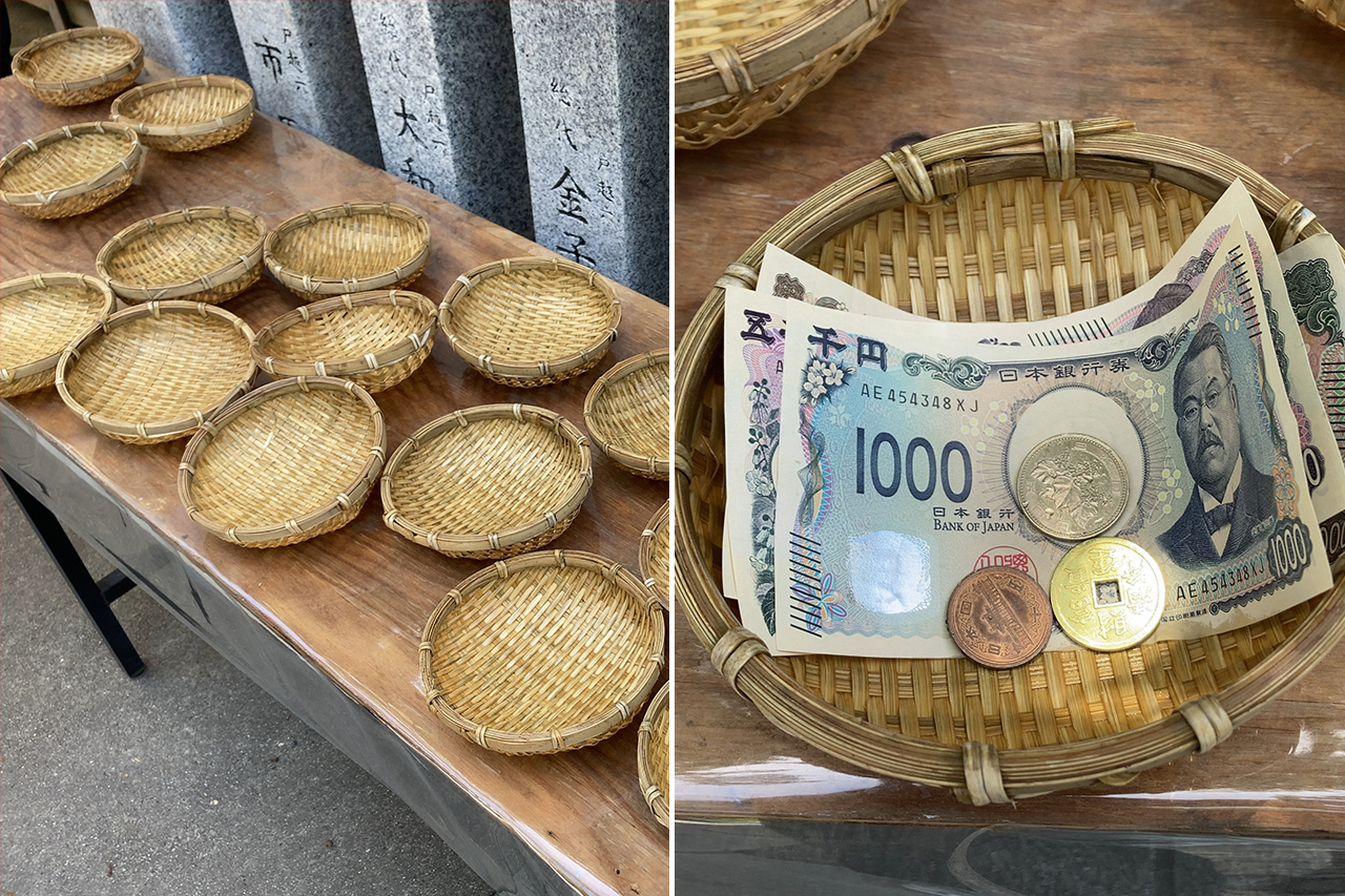 銭洗いのザルとザルに載せた現金