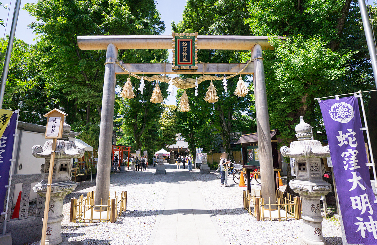 蛇窪大明神の幟と鳥居