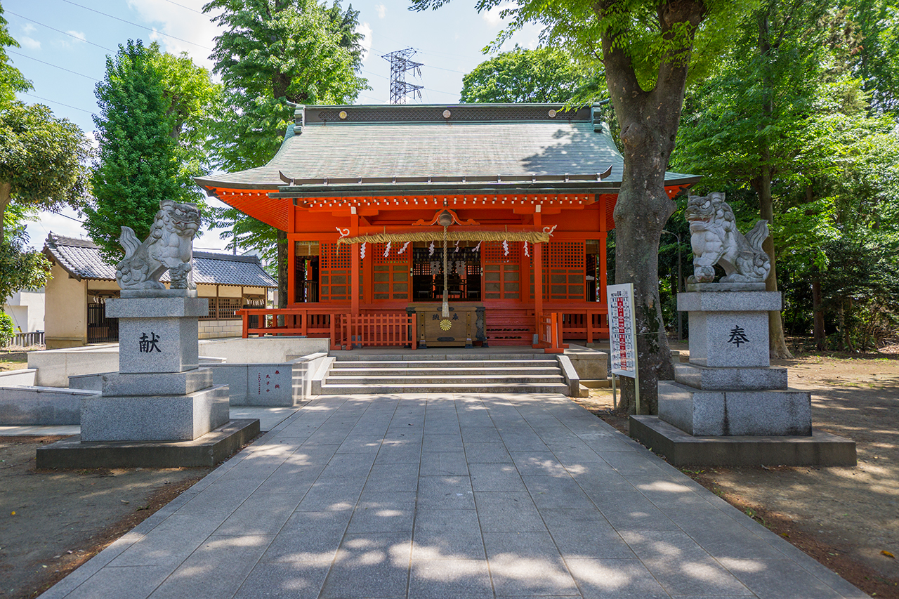 参道上の拝殿と狛犬