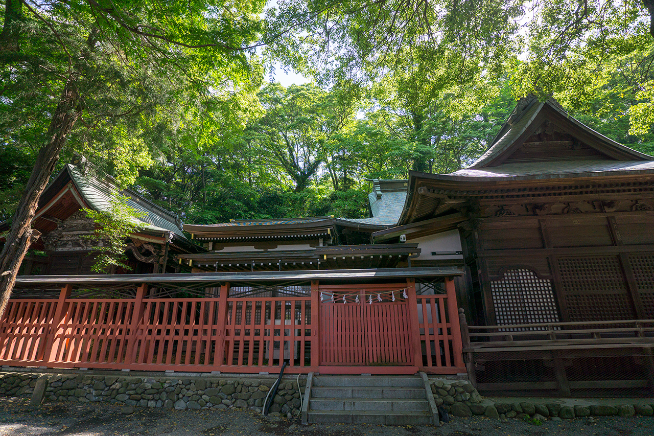 賽銭箱と拝殿の彫刻
