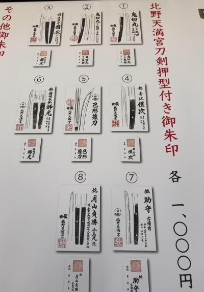 北野天満宮の刀剣御朱印一覧(見本)